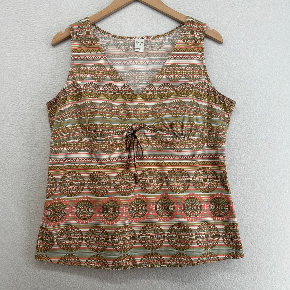 GARNET HILL Tank Top 16 Medallion Striped V-Neck Empire Waist Cotton Green